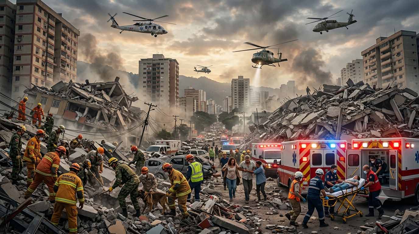 Rescue workers search through earthquake-damaged buildings in Venezuela after the devastating 7.2 and 7.5 magnitude earthquakes.