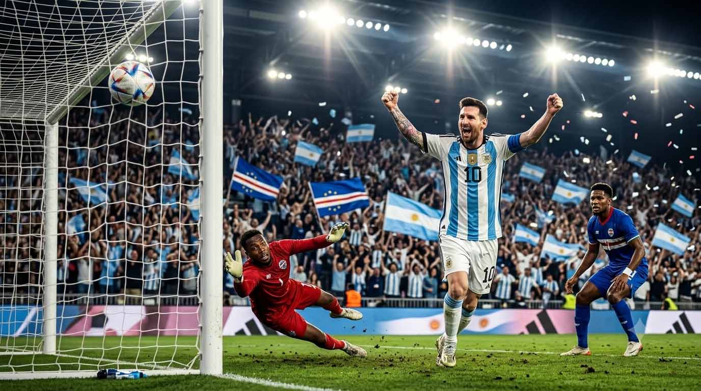 Lionel Messi celebrates as Argentina defeats Cape Verde 3-2 after extra time in the FIFA World Cup 2026 Round of 32.
