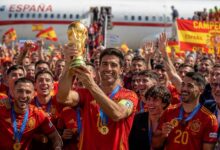 Spain captain Rodri proudly holds the FIFA World Cup trophy as the Spanish team arrives in Madrid after winning the FIFA World Cup 2026.