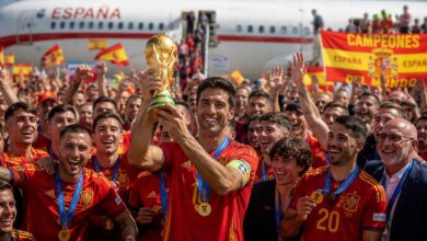 Spain captain Rodri proudly holds the FIFA World Cup trophy as the Spanish team arrives in Madrid after winning the FIFA World Cup 2026.