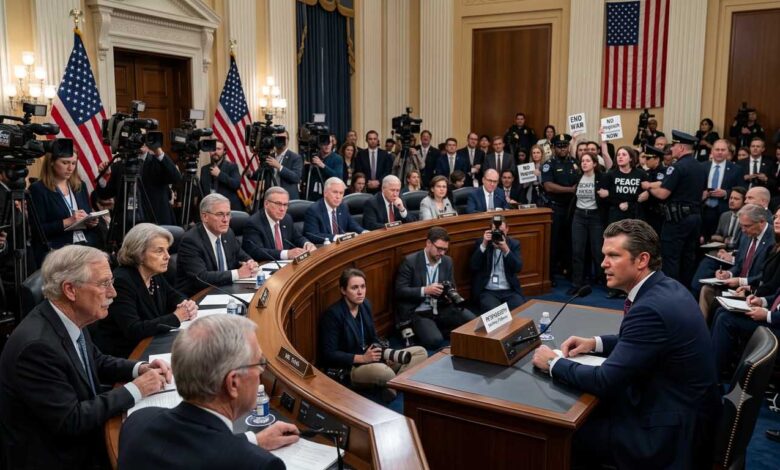 US Defense Secretary Pete Hegseth testifying before the Senate Appropriations Committee during a hearing on Pentagon funding and Middle East operations.