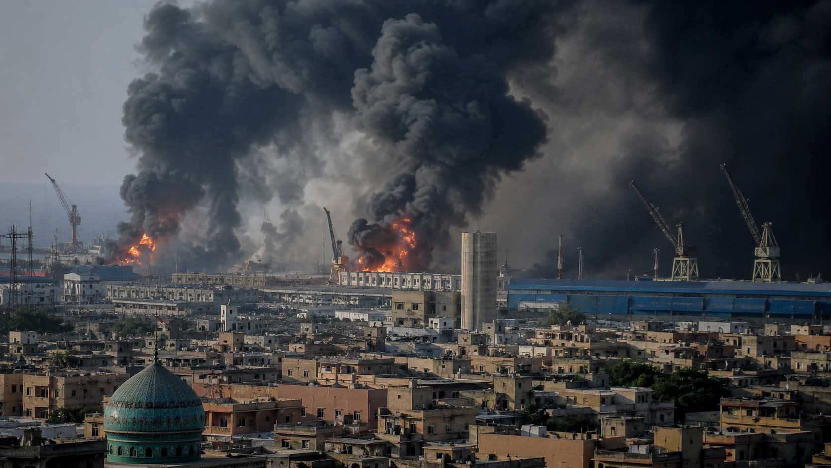 Smoke rising after reported explosions in southern Iran as emergency responders monitor the affected area.