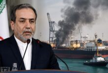 Iranian Foreign Minister Abbas Araqchi speaking during an official event as reports emerge about alleged drone attacks on ships in Egypt.