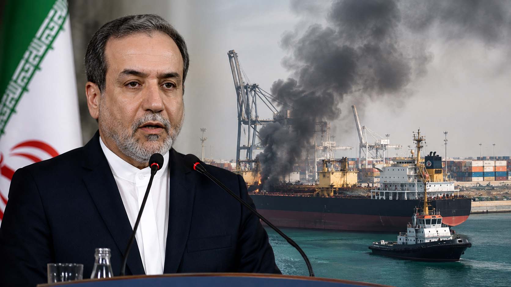 Iranian Foreign Minister Abbas Araqchi speaking during an official event as reports emerge about alleged drone attacks on ships in Egypt.