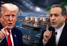 Donald Trump and Iranian Foreign Minister Abbas Araqchi featured in a breaking news style graphic about rising US-Iran tensions over Kharg Island.