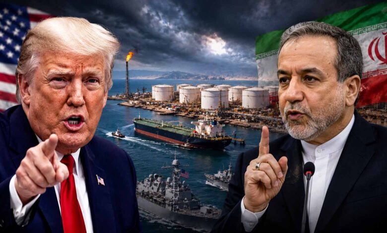 Donald Trump and Iranian Foreign Minister Abbas Araqchi featured in a breaking news style graphic about rising US-Iran tensions over Kharg Island.
