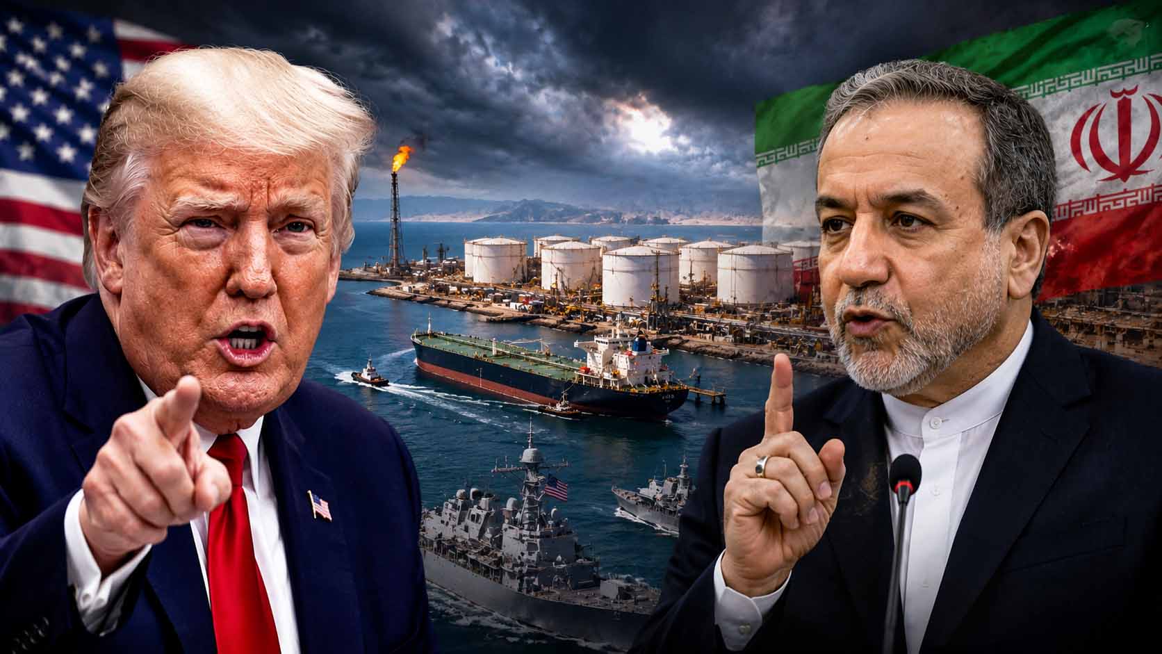 Donald Trump and Iranian Foreign Minister Abbas Araqchi featured in a breaking news style graphic about rising US-Iran tensions over Kharg Island.