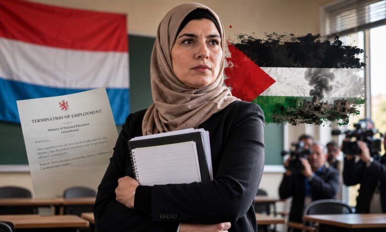 Luxembourg teacher Fatima Kartich at a classroom podium as debate continues over her dismissal following pro-Palestine social media posts.