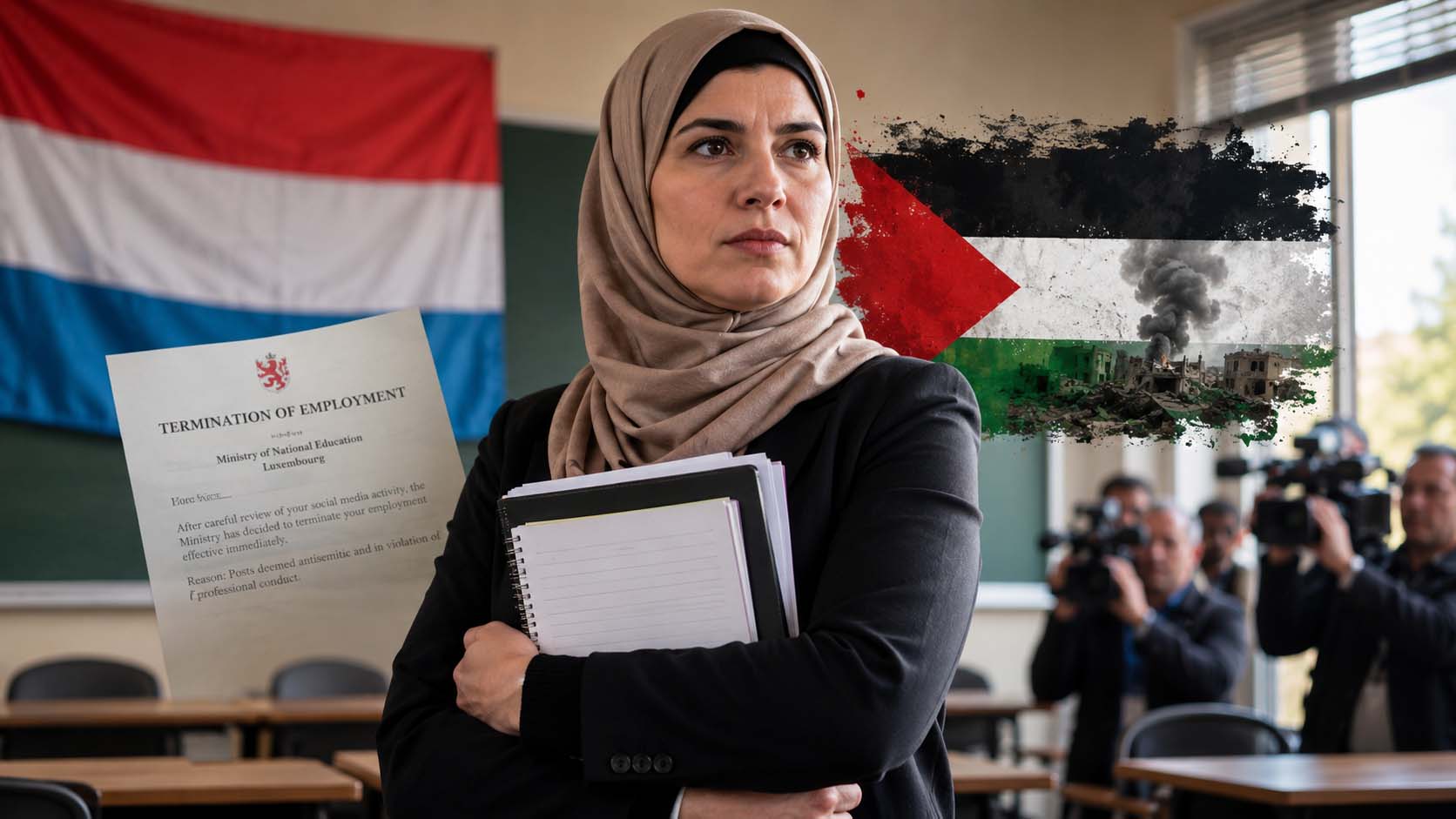 Luxembourg teacher Fatima Kartich at a classroom podium as debate continues over her dismissal following pro-Palestine social media posts.