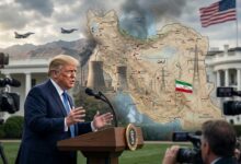 Donald Trump addressing the media with an image of power transmission lines and the Iran map in the background, highlighting rising US-Iran tensions.