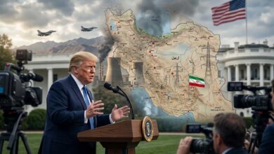 Donald Trump addressing the media with an image of power transmission lines and the Iran map in the background, highlighting rising US-Iran tensions.