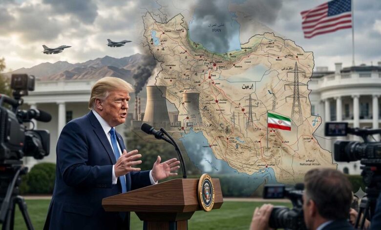 Donald Trump addressing the media with an image of power transmission lines and the Iran map in the background, highlighting rising US-Iran tensions.