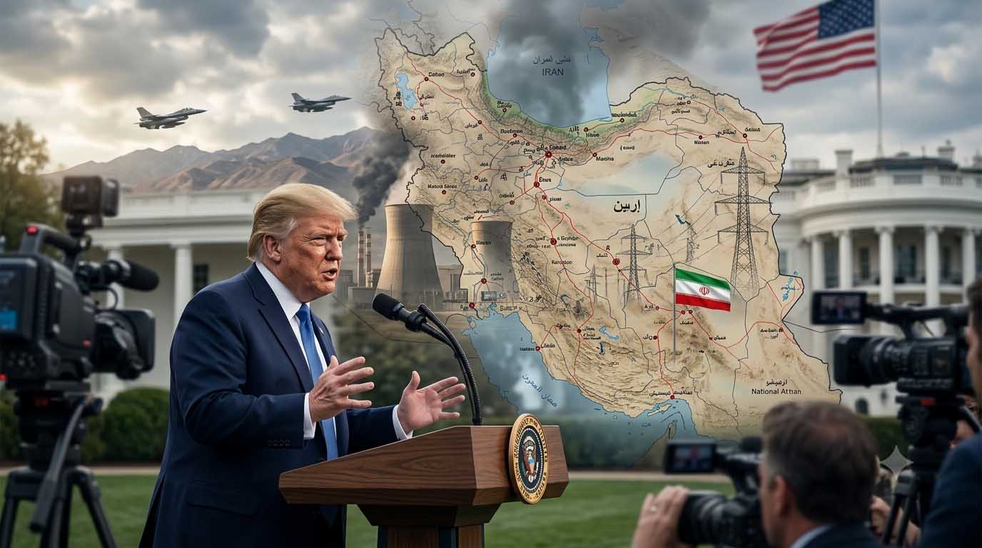 Donald Trump addressing the media with an image of power transmission lines and the Iran map in the background, highlighting rising US-Iran tensions.