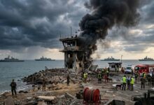 Damaged Chabahar naval watchtower with military smoke rising over the coastline as regional tensions continue to escalate.