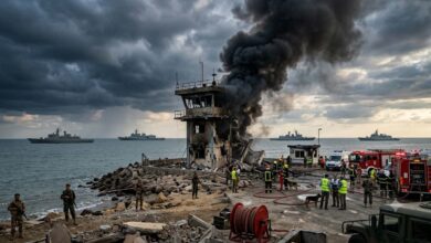 Damaged Chabahar naval watchtower with military smoke rising over the coastline as regional tensions continue to escalate.