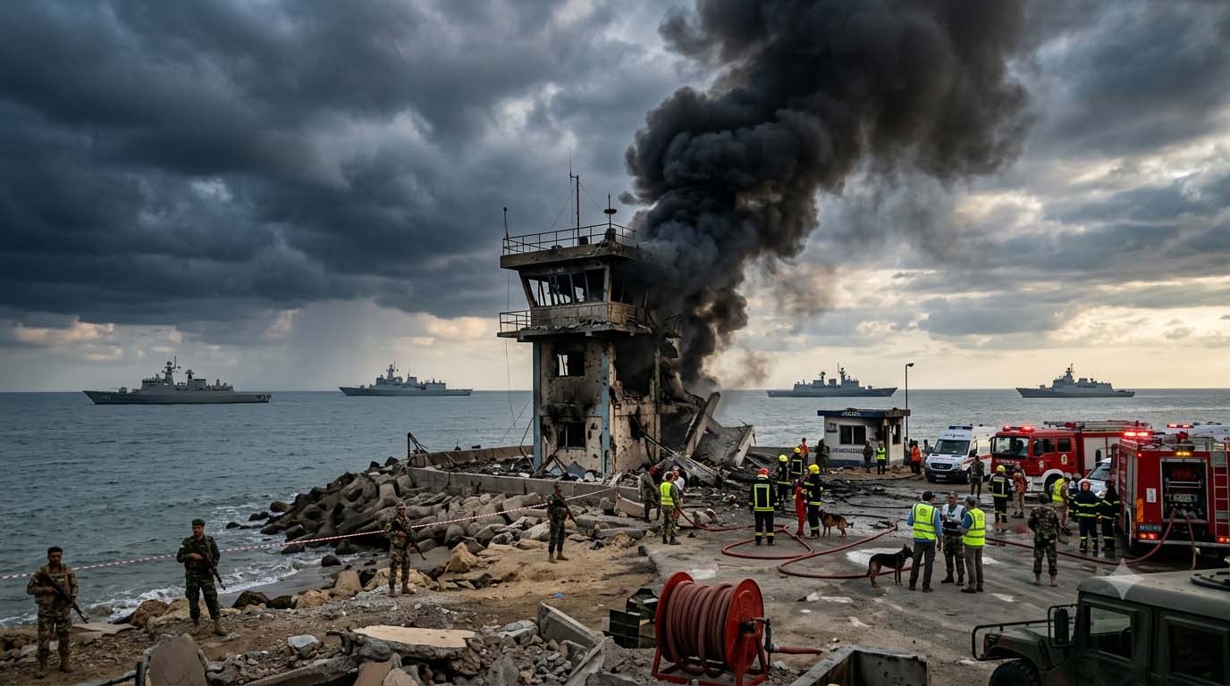 Damaged Chabahar naval watchtower with military smoke rising over the coastline as regional tensions continue to escalate.