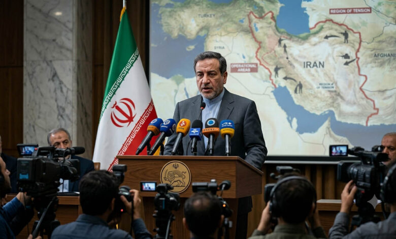 Iranian Foreign Minister Abbas Araqchi addressing the media with the Iranian flag in the background during a briefing on the Iran-US conflict.