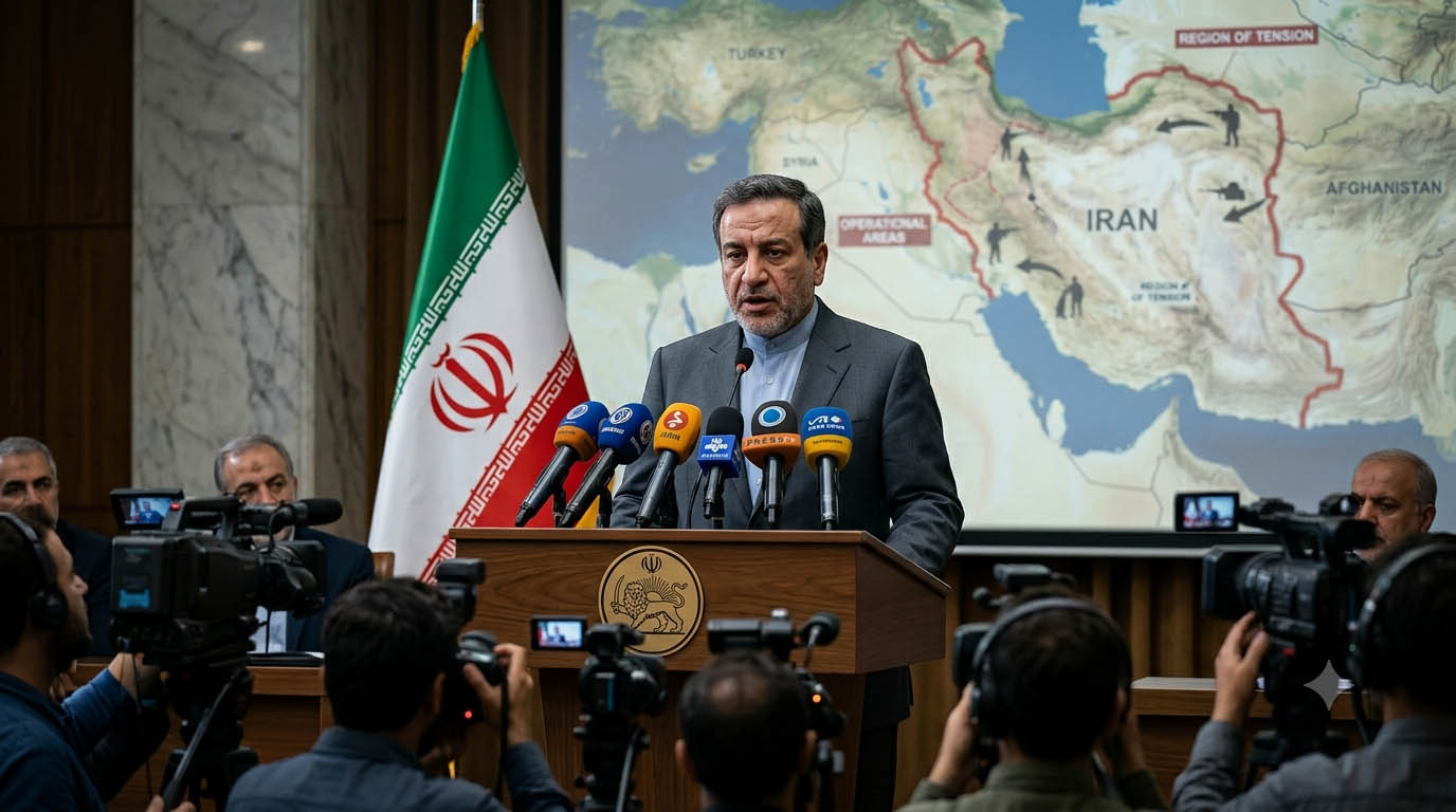 Iranian Foreign Minister Abbas Araqchi addressing the media with the Iranian flag in the background during a briefing on the Iran-US conflict.