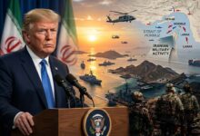 Donald Trump speaking at a press conference with the Strait of Hormuz and military ships in the background, illustrating rising US-Iran tensions.
