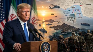 Donald Trump speaking at a press conference with the Strait of Hormuz and military ships in the background, illustrating rising US-Iran tensions.