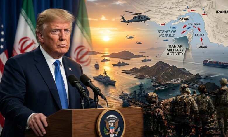 Donald Trump speaking at a press conference with the Strait of Hormuz and military ships in the background, illustrating rising US-Iran tensions.