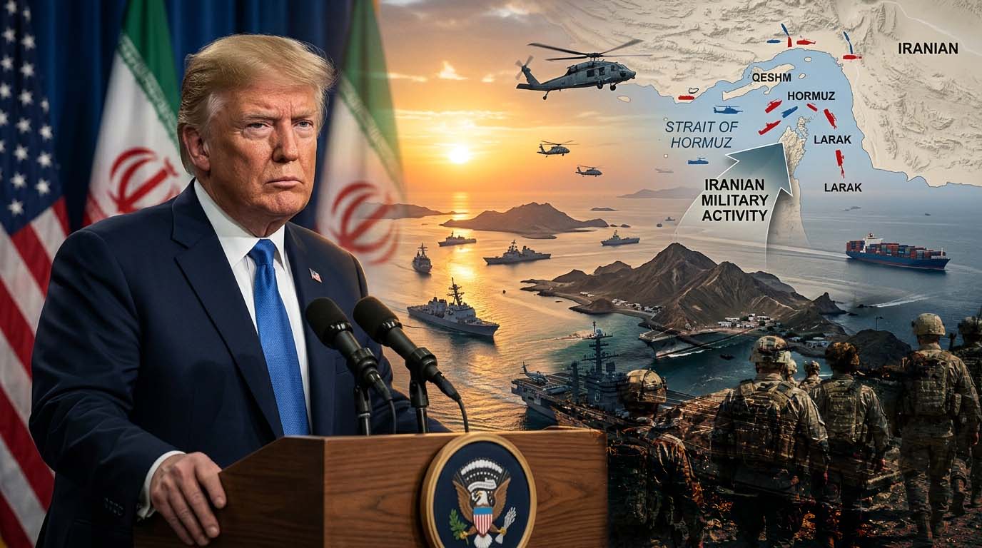 Donald Trump speaking at a press conference with the Strait of Hormuz and military ships in the background, illustrating rising US-Iran tensions.