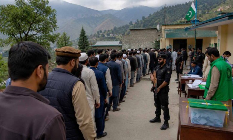 Voters casting ballots at a polling station during the second phase of the Azad Kashmir Elections 2026 under security arrangements in Muzaffarabad.