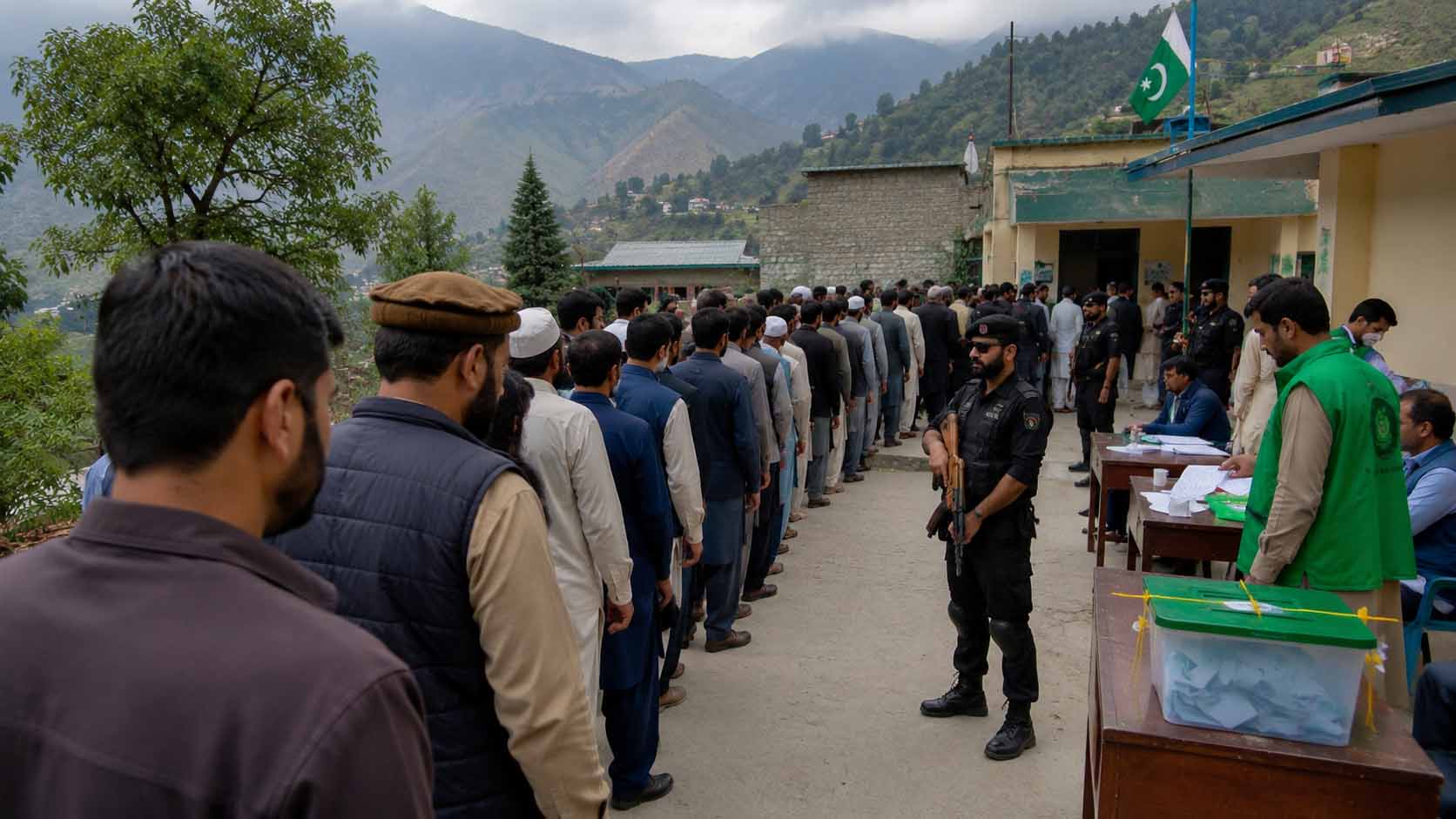 Voters casting ballots at a polling station during the second phase of the Azad Kashmir Elections 2026 under security arrangements in Muzaffarabad.