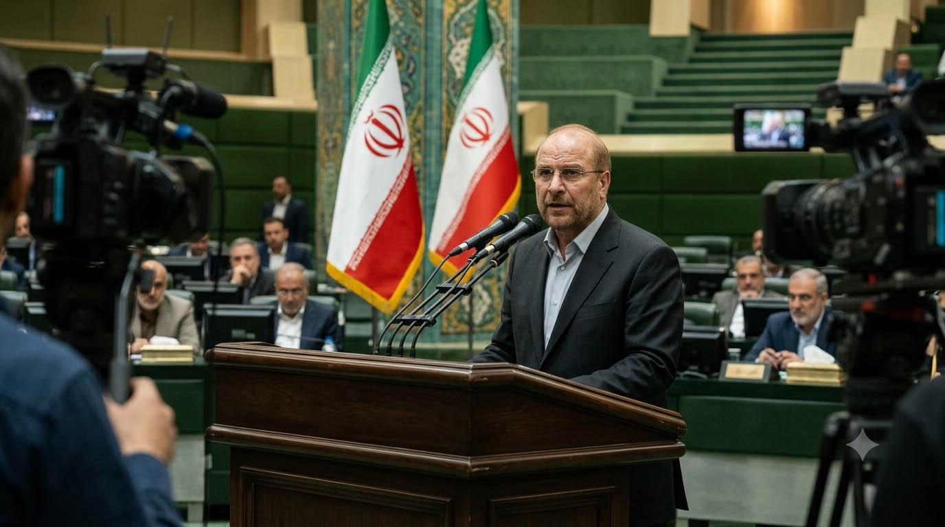 Iranian Parliament Speaker Mohammad Baqir Qalibaf delivering a speech while calling for national unity and strengthening Iran's future.